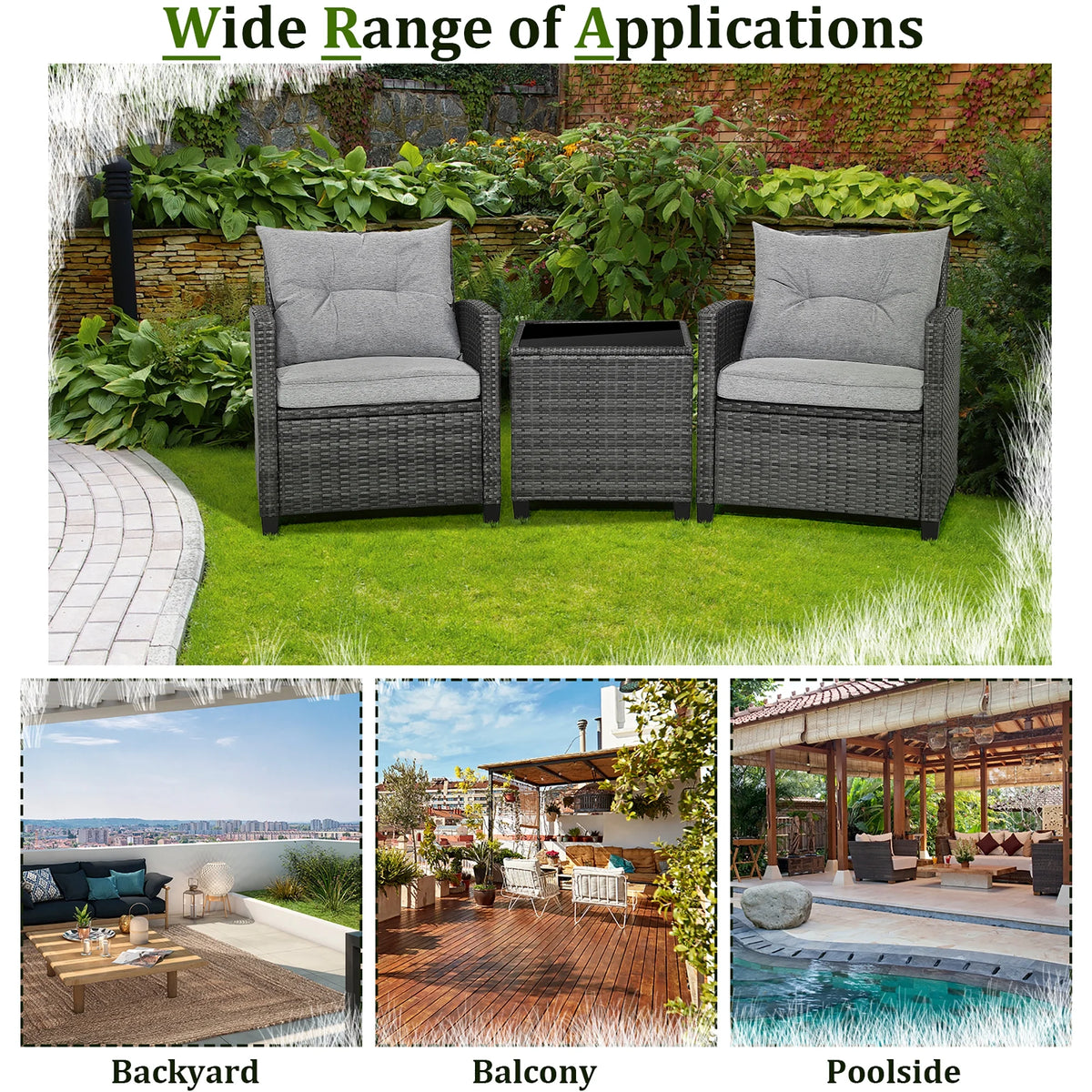 Gymax 3-Piece Patio Rattan Conversation Set With Glass Tabletop And Grey Cushions