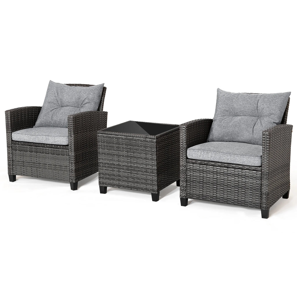 Gymax 3-Piece Patio Rattan Conversation Set With Glass Tabletop And Grey Cushions