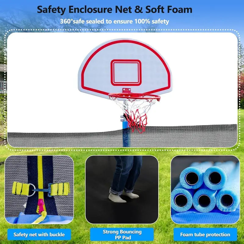 Trampoline With Enclosure Net And Adjustable Basketball Hoop - 8ft, 10ft, 12ft, 14ft, 15ft, 16ft