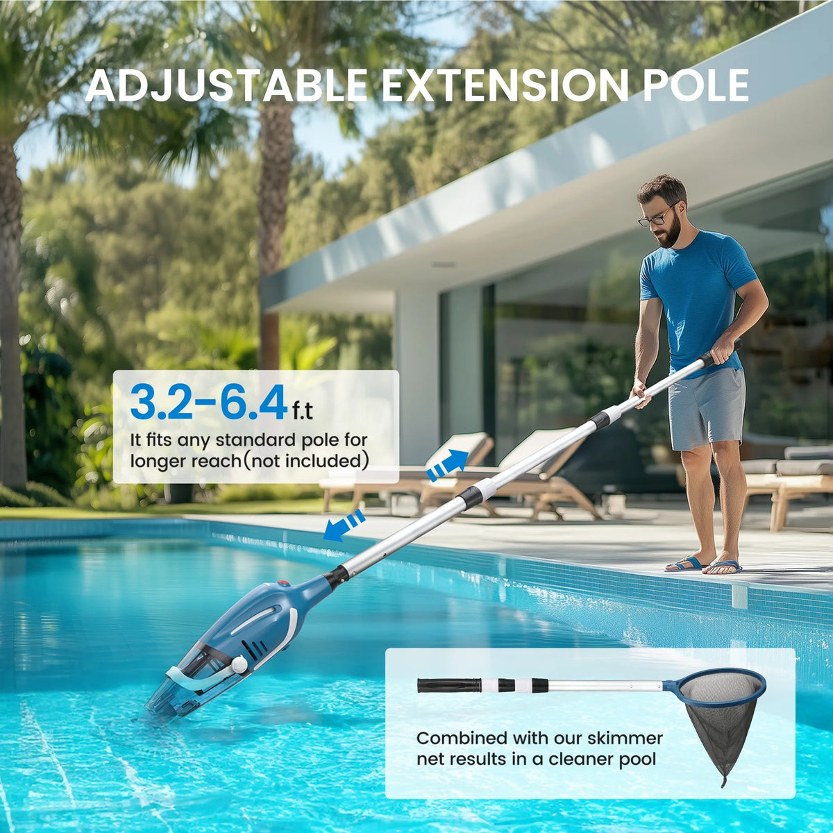 Cordless Handheld Pool Vacuum Cleaner With 80-Minute Runtime And 3.2-6.4 ft Telescopic Pole