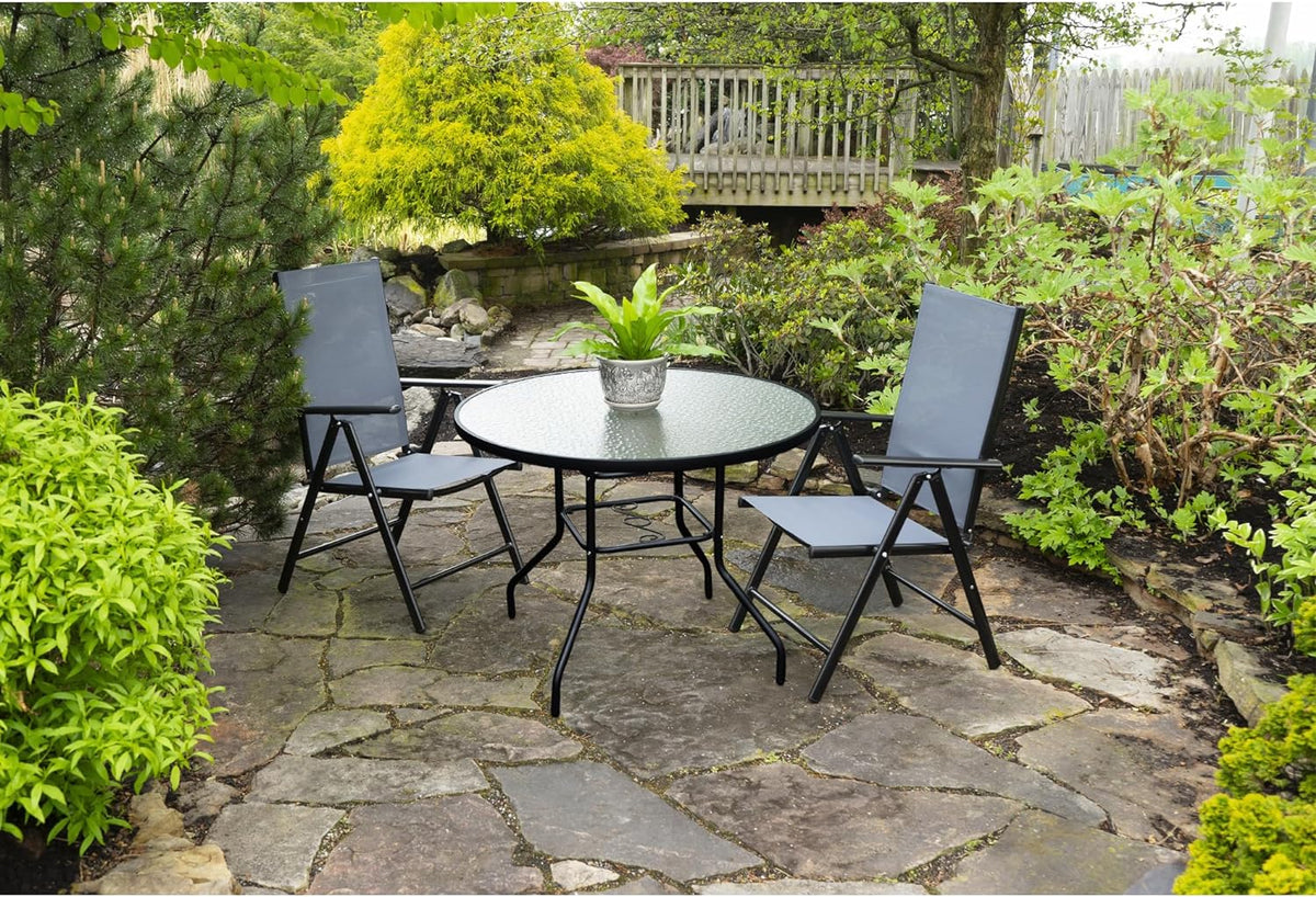 Outdoor Steel Patio Dining Table With Round Waterwave Glass Top, Black, 40 inch
