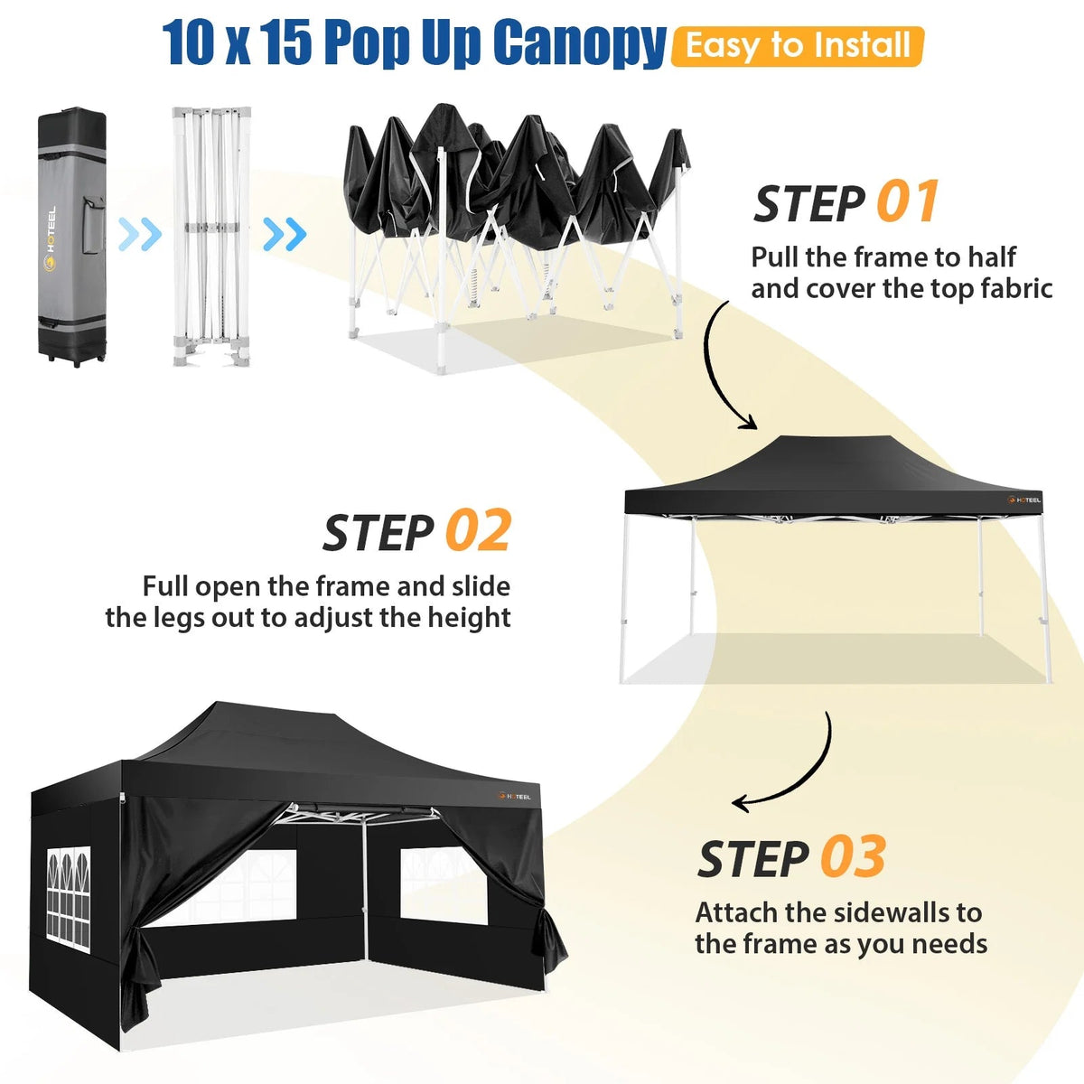 HOTEEL Heavy Duty Pop-Up Canopy Tent 10x15, 4 Sidewalls, Black