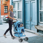 Dkelincs Folding Pet Stroller With Cup Holder And Storage Basket, Blue - 35 lbs