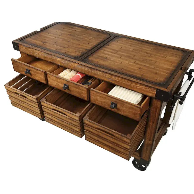 Kitchen Island Cart With 3 Drawers, Wood And Metal, Distressed Chestnut