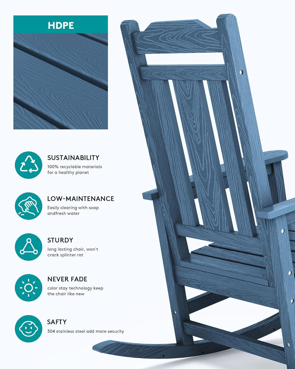 SERWALL Outdoor HDPE Oversized Rocking Chair Set Of 4, Blue, 35in D x 26.9in W x 41.3in H