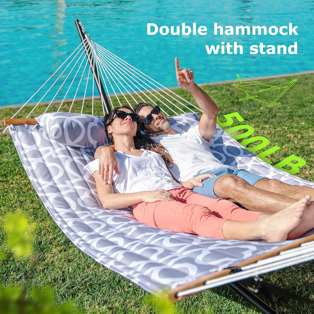 Double Outdoor Hammock With Adjustable Steel Stand, 500 LBS Capacity, Carrying Bag, White Grey