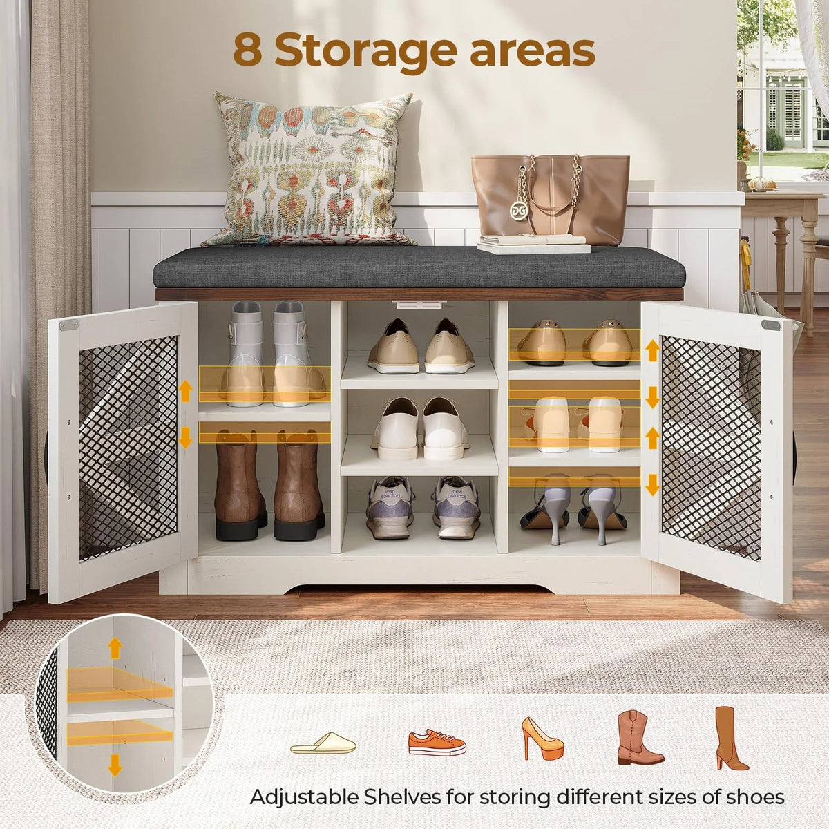 Farmhouse Shoe Storage Bench With Cushion, 31.4in, Metal Barn Door, Old White