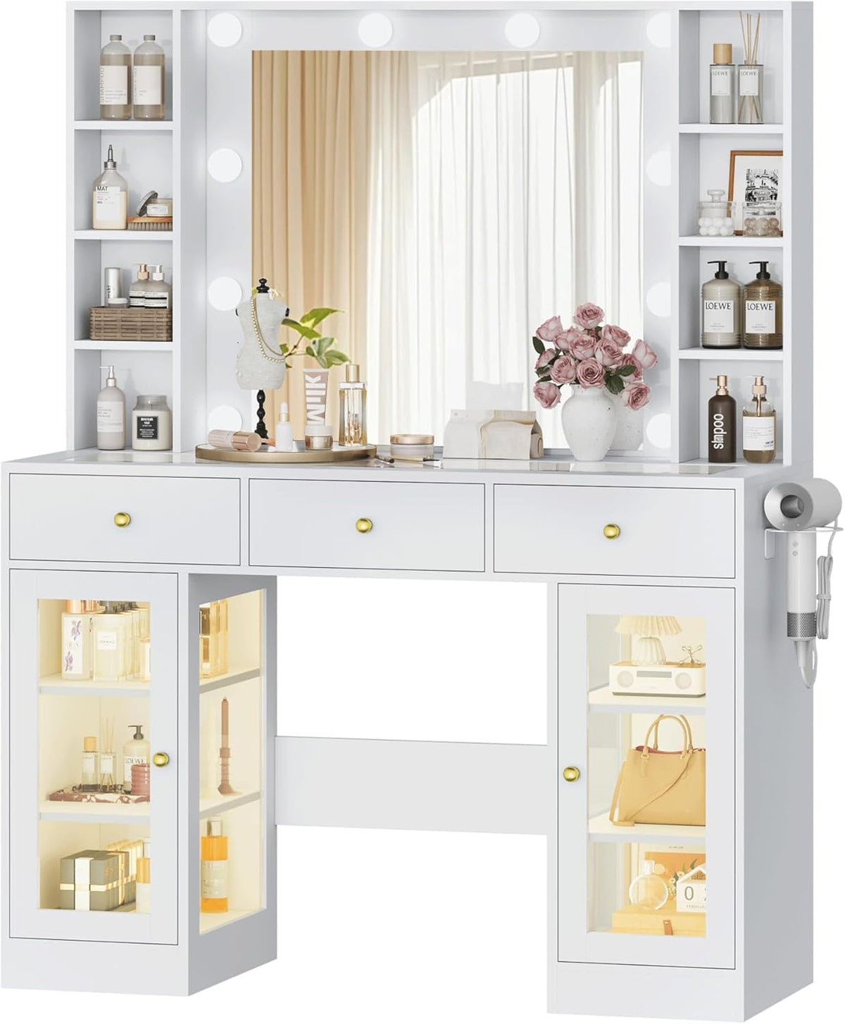 Makeup Vanity Desk With Mirror, LED Lights, Glass Top, 3 Drawers And 2 RGB Glass Cabinets, White