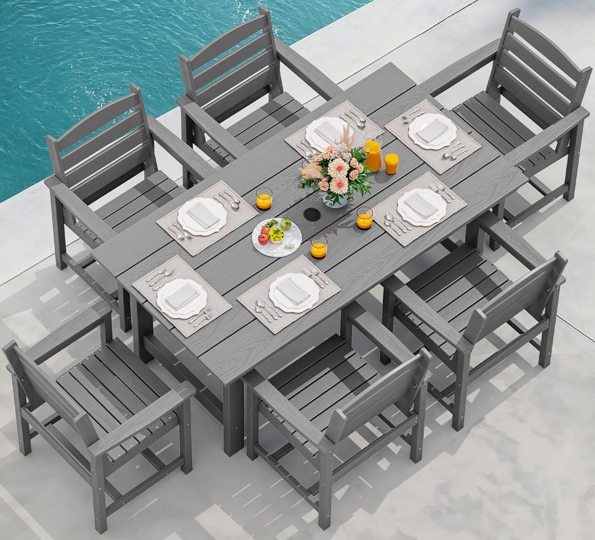SERWALL 7-Piece HDPE Outdoor Dining Set With Umbrella Hole - Gray