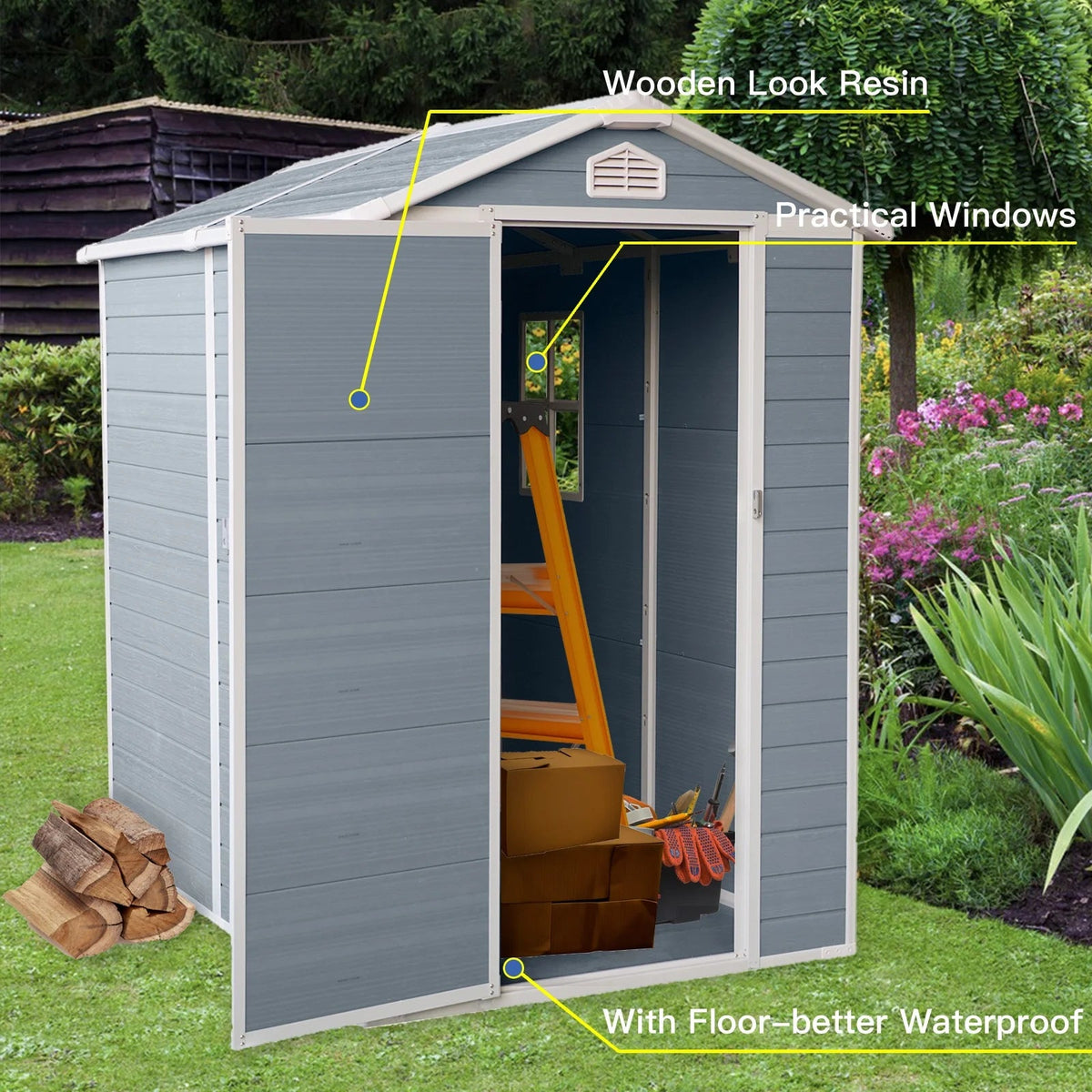 Seizeen Outdoor Resin Storage Shed, 41 Cu. Ft. / 306 Gal, Gray, 3 Doors With Floor