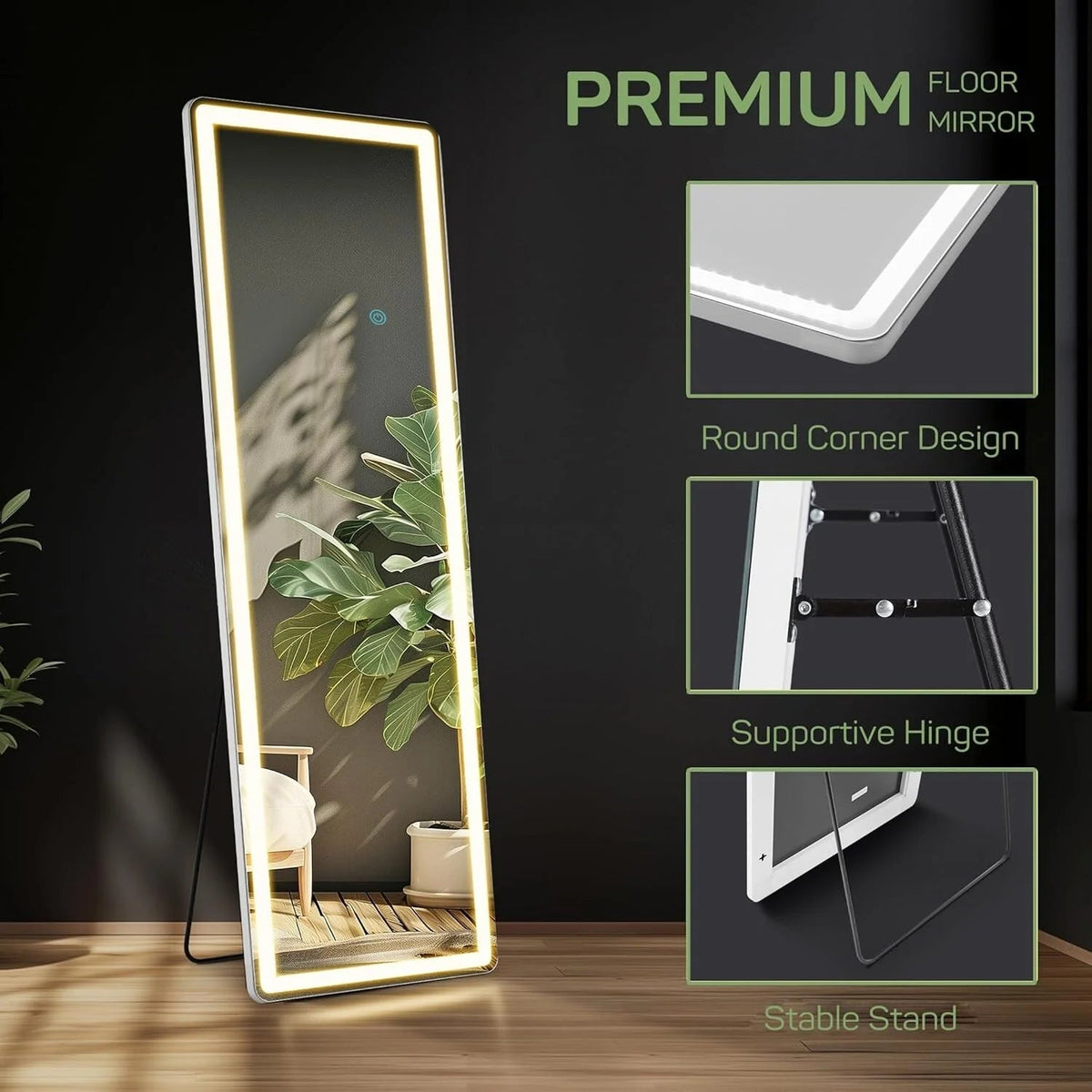 LED Full-Length Floor Mirror With Stand, 64 x 21 Inch