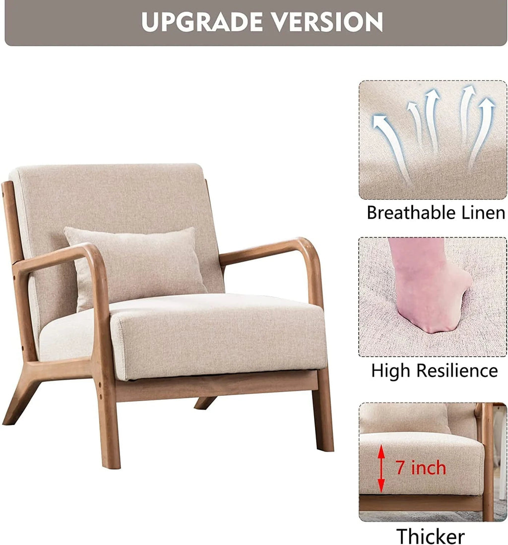 Bonzy Home Mid-Century Modern Fabric Accent Chair With Solid Wood Frame, Beige