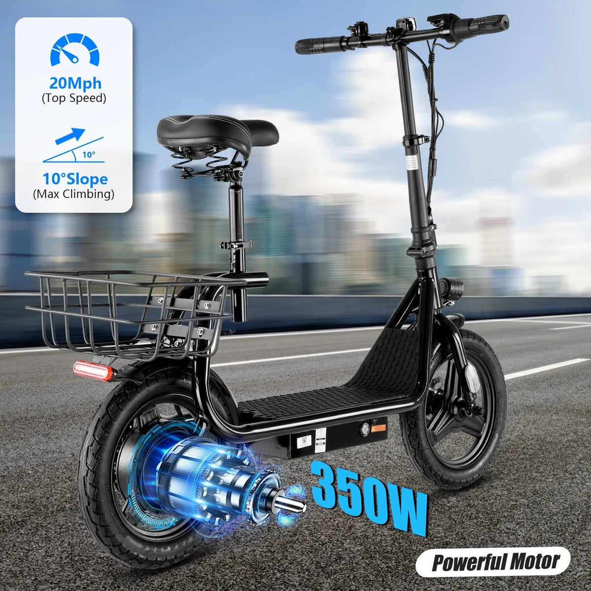 SANOPY Electric Scooter With Seat for Adults, 350W, 15 Miles, 20 Mph, 36V 5.2Ah, 14 inch Tire - Black