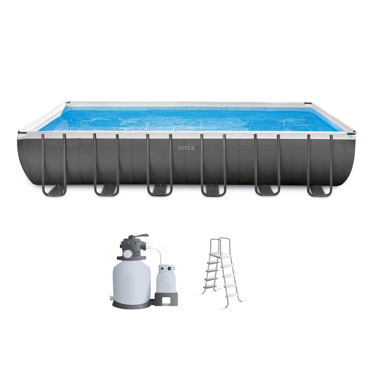 INTEX Ultra XTR Above Ground Pool 24ft x 12ft x 52in With 2 Floating Recliners And Mega Chill II Cooler