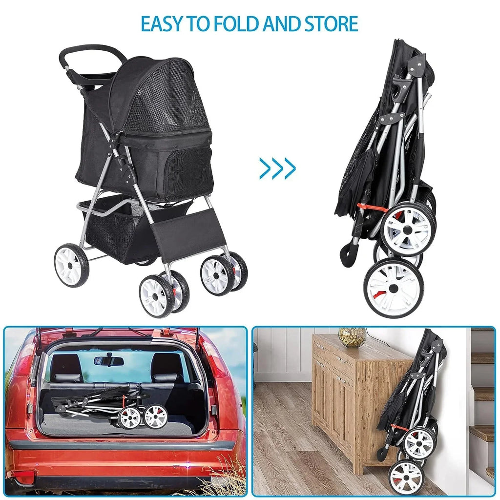 Foldable Cat/Dog Pet Stroller With 4 Wheel, Storage Basket, Cup Holder - Black