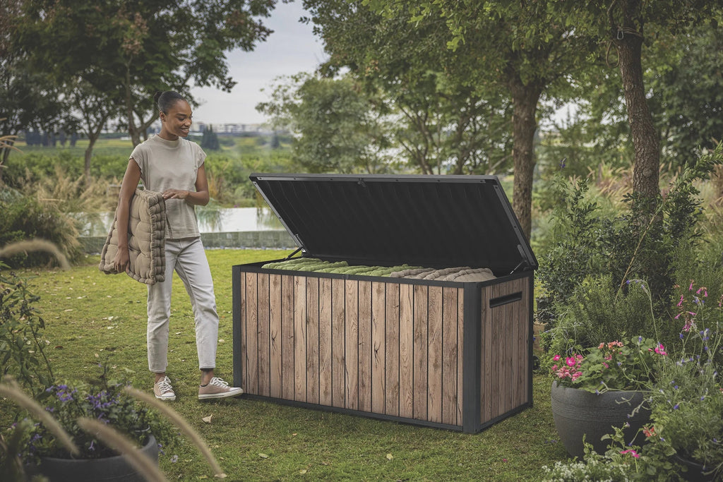 Keter 170 Gallon Durable Resin Outdoor Deck Box Storage, Pine