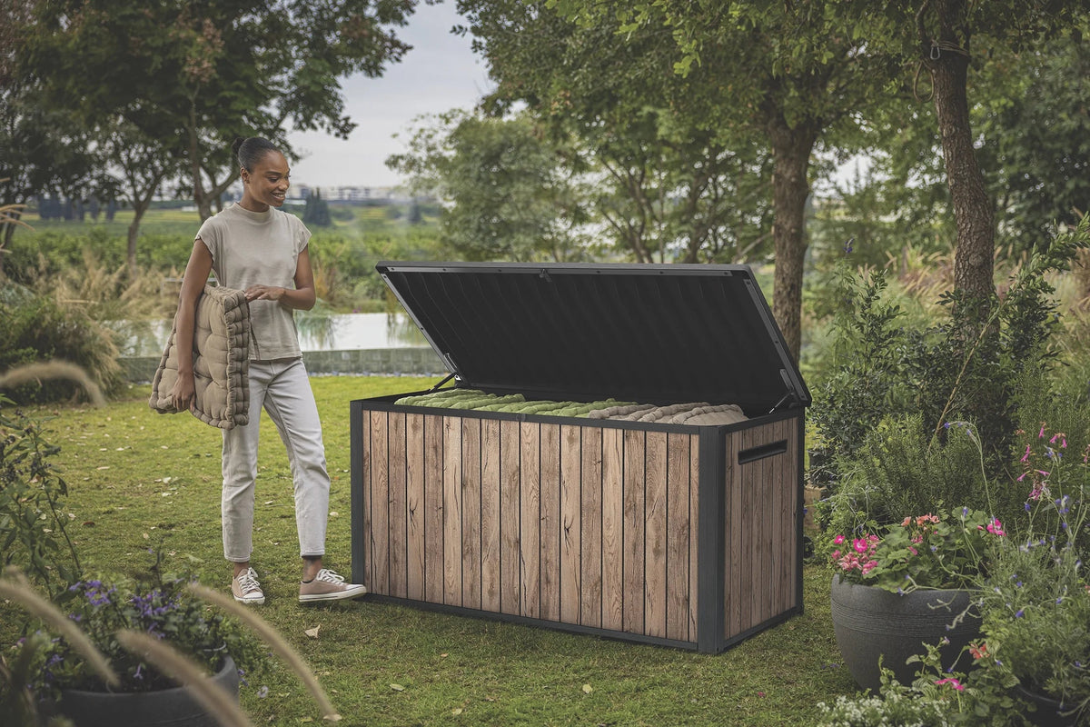 Keter 170 Gallon Durable Resin Outdoor Deck Box Storage, Pine