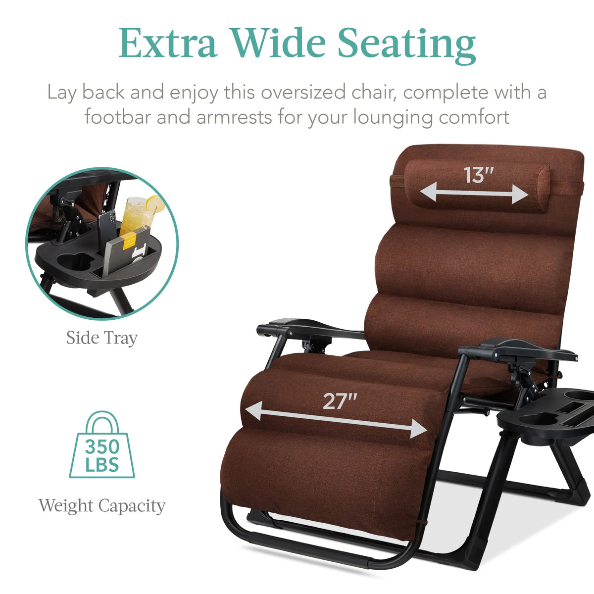 Best Choice Products Oversized Zero Gravity Folding Recliner With Removable Cushion And Side Tray - Fossil Gray