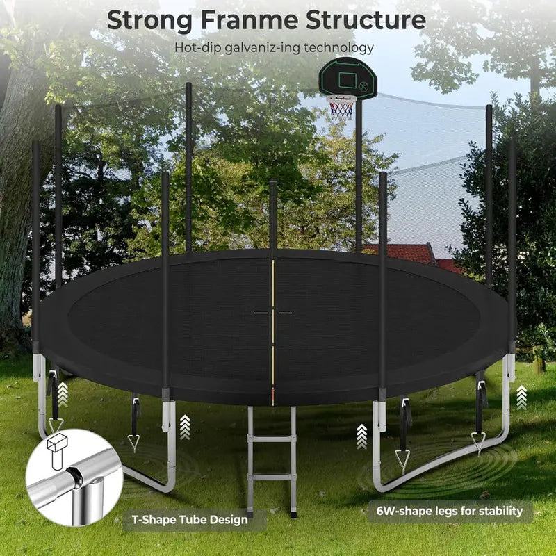 Trampoline With Enclosure Net And Adjustable Basketball Hoop - 8ft, 10ft, 12ft, 14ft, 15ft, 16ft