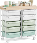 Rolling Storage Cart With 10 Large Drawers And Wooden Tabletop - Green