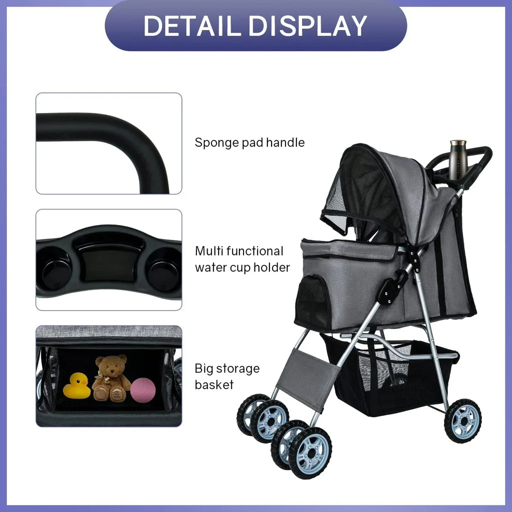 Dkelincs 4-Wheel Foldable Dog Cat Stroller Travel Carrier, Grey - 29.5in L x 18.9in W x 39.8in H