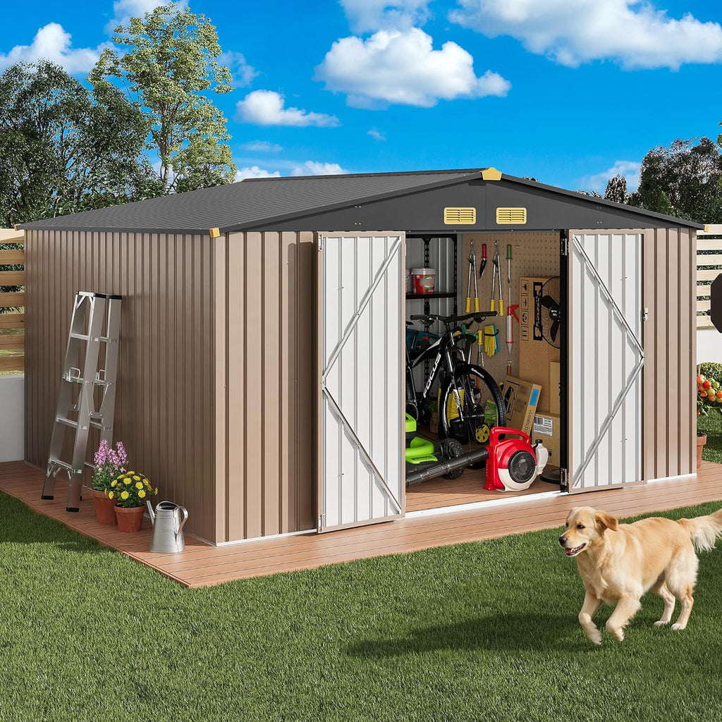 IRONCK Metal Outdoor Storage Shed, 10x12ft, Brown