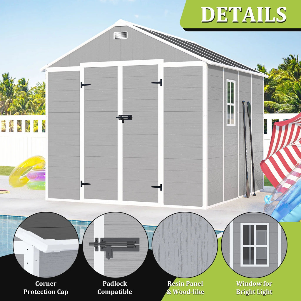 Seizeen Outdoor Resin Storage Shed, 41 Cu. Ft. / 306 Gal, Gray, 3 Doors With Floor
