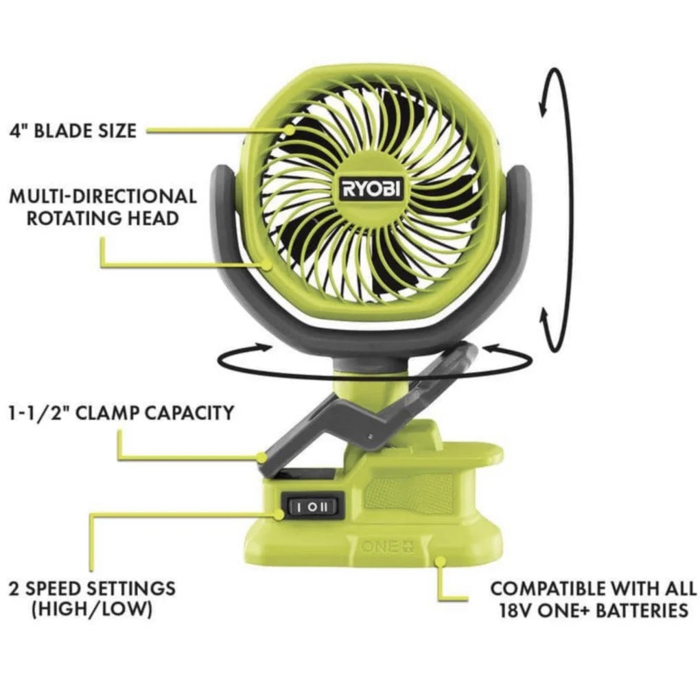 Ryobi 18V ONE+ 3-Tool Camping Kit With Area Light, Bluetooth Speaker, 4 in Clamp Fan, 1.5 Ah Battery, Charger And 16 in Buho Tool Bag