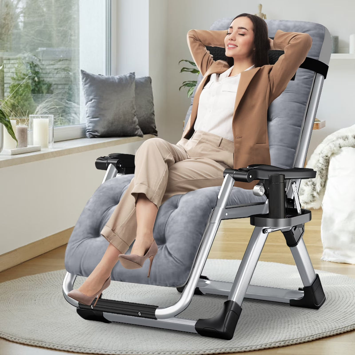 NAIZEA Zero Gravity Chair With Removable Cushion, Cup Holder, and Black Color