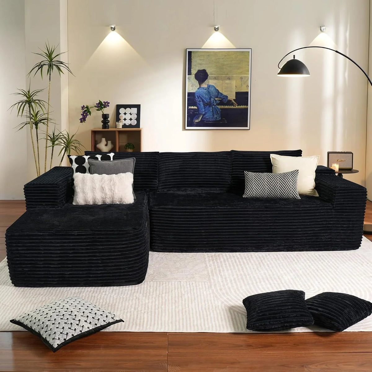 ovios 104in L-Shape Sectional Sofa With Chaise, Grey Plush Corduroy Fabric