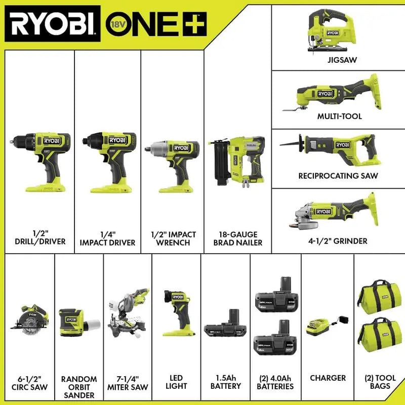 RYOBI ONE+ 18V 12-Tool Combo Kit With 1.5 Ah And 4.0 Ah Batteries And Charger - PCL2200K3N