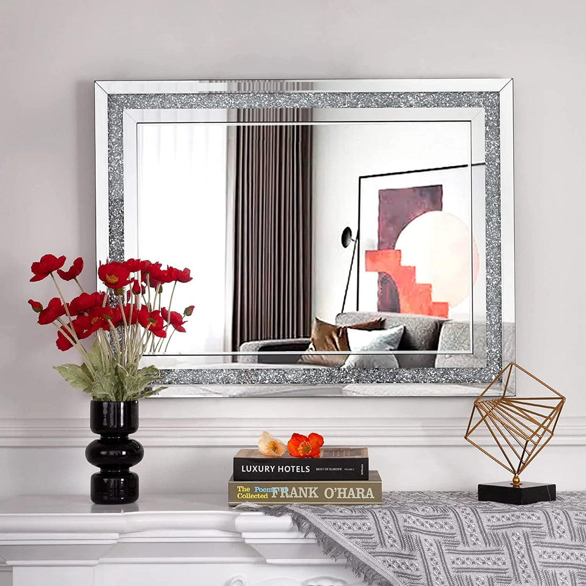 SHYFOY Rectangle Decorative Wall Mirror With Crushed Diamond, Silver