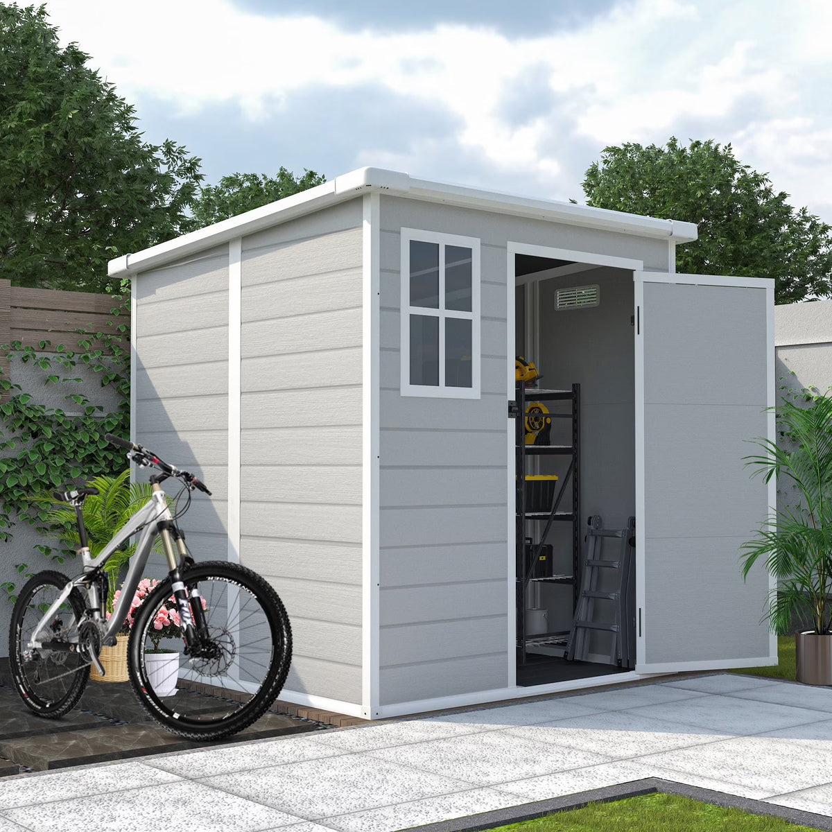 Seizeen Outdoor Resin Storage Shed, 41 Cu. Ft. / 306 Gal, Gray, 3 Doors With Floor