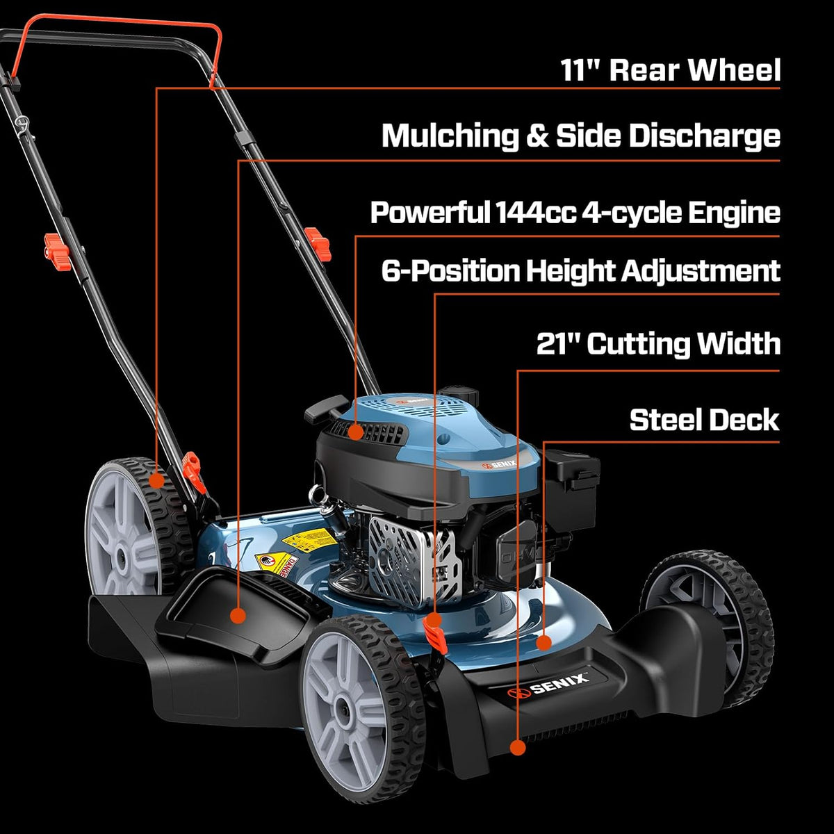 SENIX Gas Lawn Mower 144 cc 21 inch 2-in-1 Push, 4-Cycle Engine, 6-Position Cutting Height