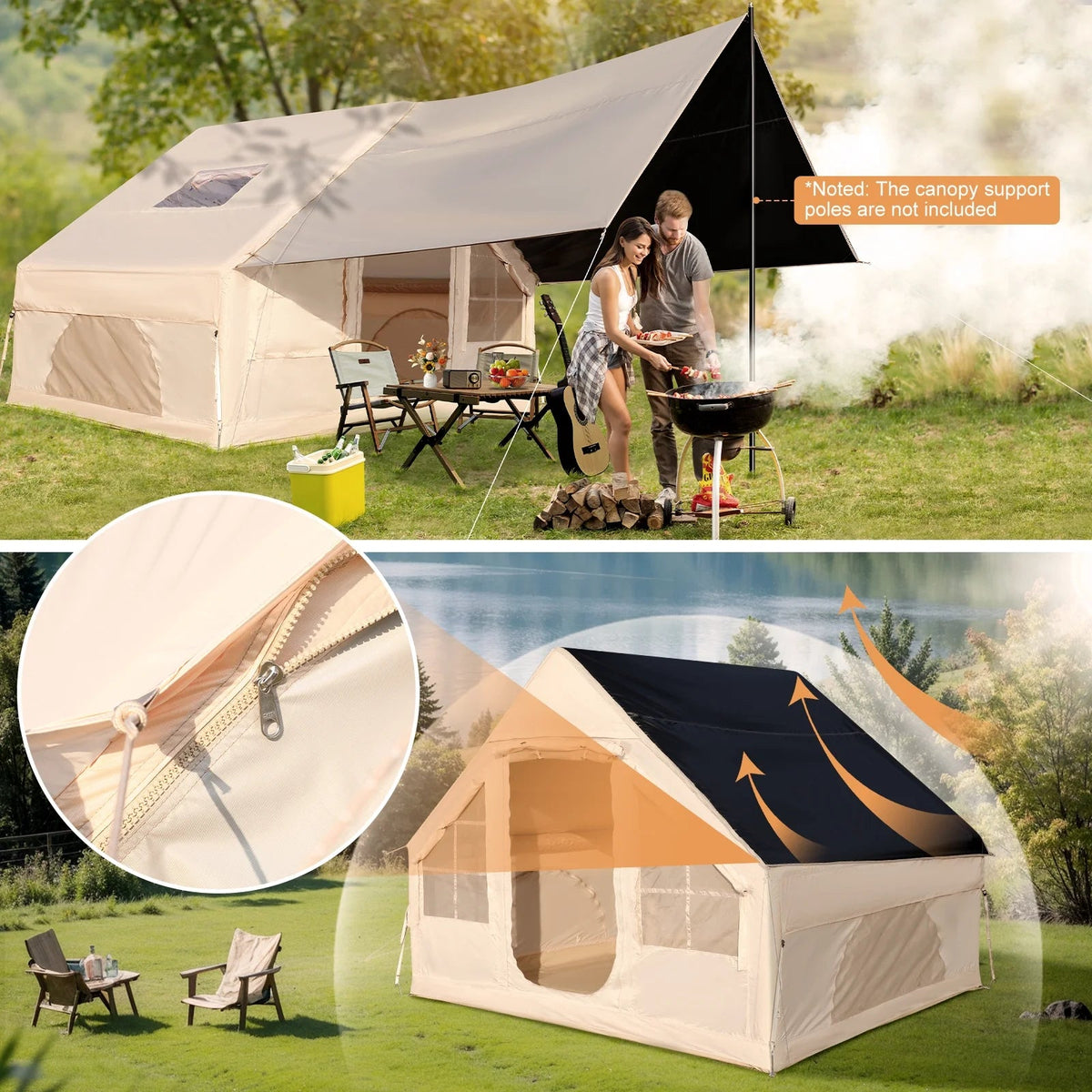 Vebreda Inflatable Camping Tent With Skylight, 9.8 ft x 7.9 ft x 7.2 ft, 4-Season