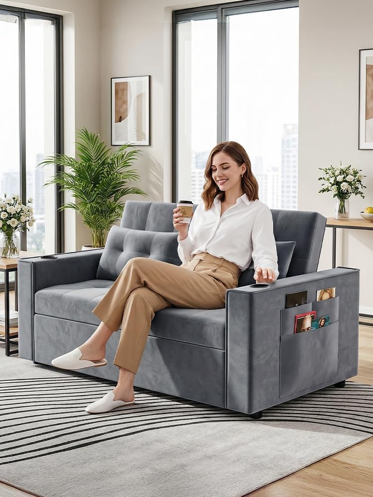 3-in-1 Pull-Out Sofa Bed With Charging Station, Cup Holder And Side Storage - 70in Grey