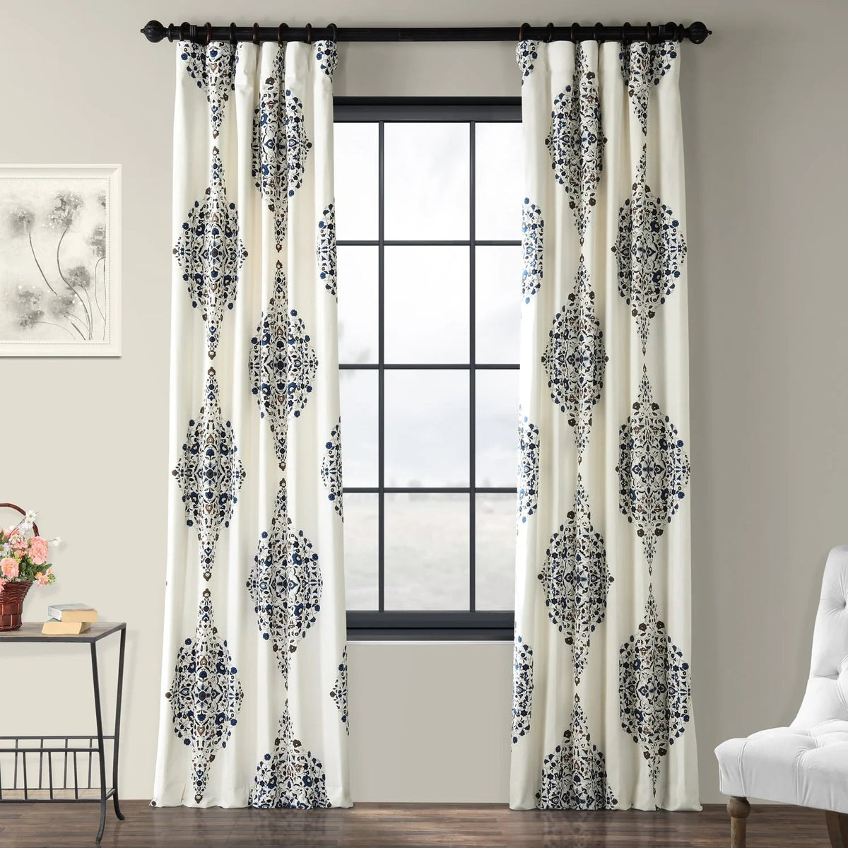 Medallion Damask Printed Cotton Room Darkening Curtain Panel, 1 Piece, 50 in W x 84/96/108/120 in L