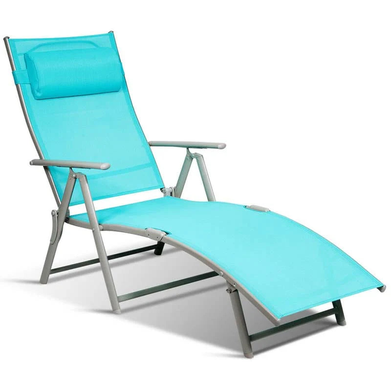 7 Position Folding Outdoor Chaise Lounge Chair With Cushion And Pillow