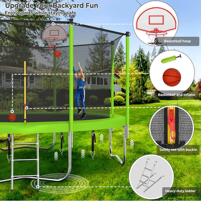 Trampoline With Enclosure Net And Adjustable Basketball Hoop - 8ft, 10ft, 12ft, 14ft, 15ft, 16ft
