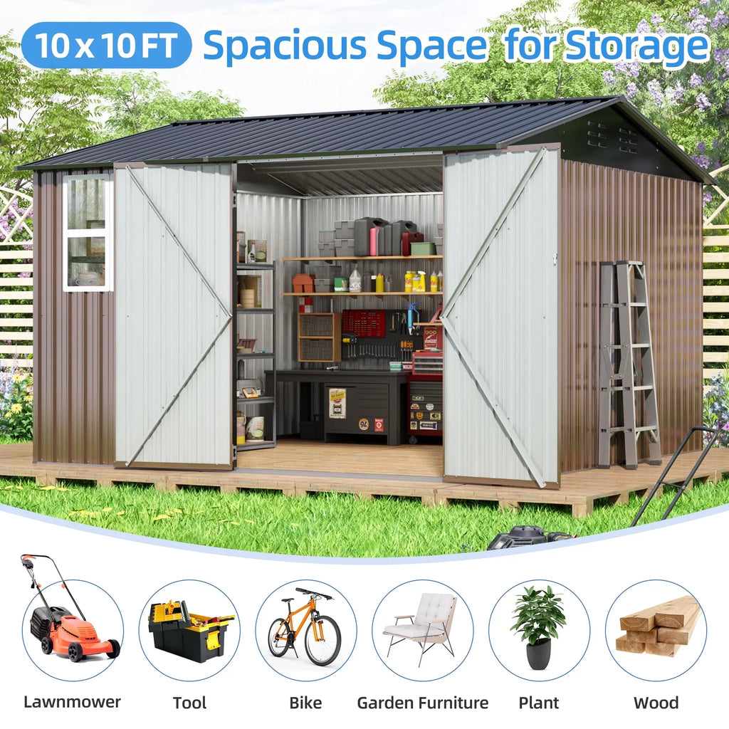 JAXPETY 10 x 10 ft Outdoor Metal Storage Shed With Window And Lockable Door - Brown