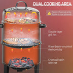 Outsunny 3-in-1 16in Round Charcoal BBQ Smoker Grill With 2 Cooking Areas And Thermometer - Black