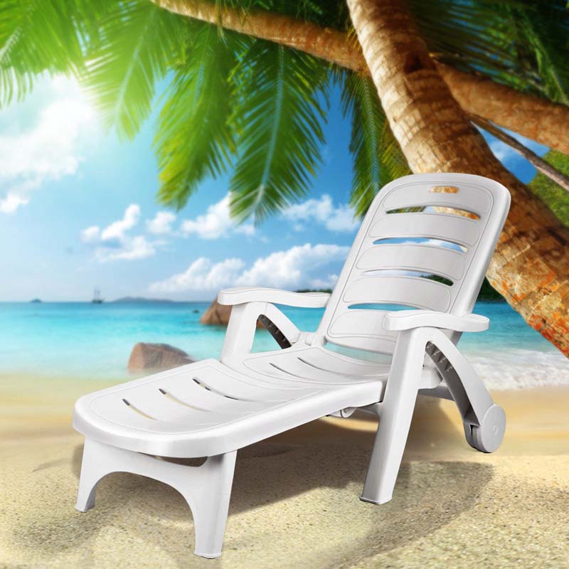 Rolling Folding Plastic Pool Lounge Chair With Armrests, 5 Position - Patio Deck Beach Chair