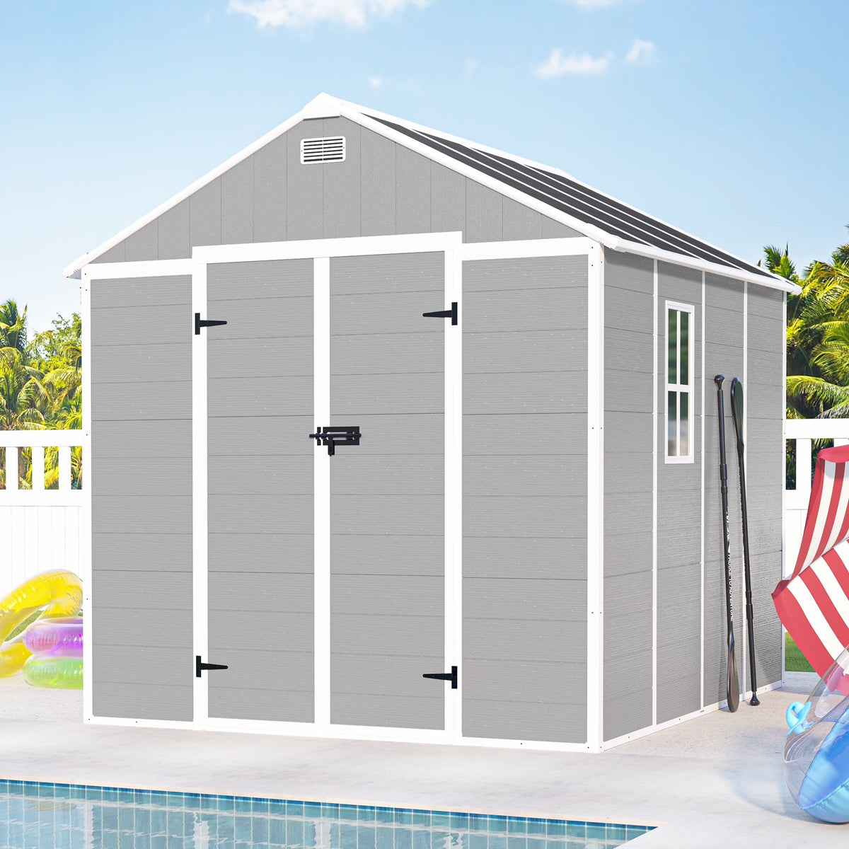 Seizeen Outdoor Resin Storage Shed, 41 Cu. Ft. / 306 Gal, Gray, 3 Doors With Floor
