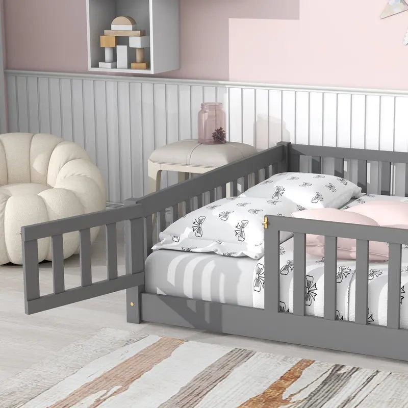 Uhomepro Full Size Wood Floor Bed Frame With Fence And Door - Gray/White/Natural/Espresso