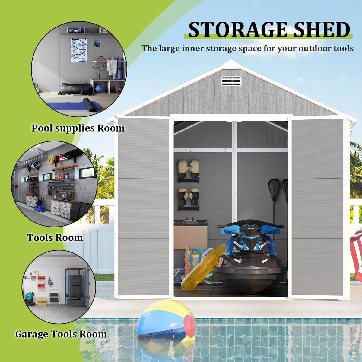 Seizeen Outdoor Resin Storage Shed, 41 Cu. Ft. / 306 Gal, Gray, 3 Doors With Floor