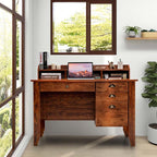 Computer Desk With 4 Storage Drawers And Hutch, 48in x 22in x 36.5in - Rustic Brown