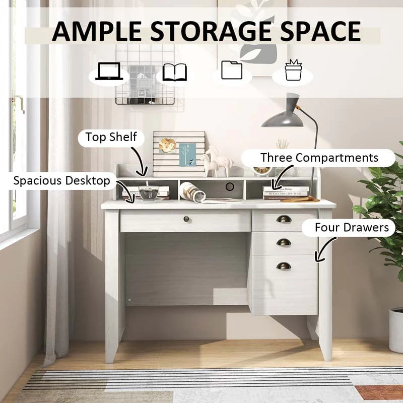Computer Desk With 4 Storage Drawers And Hutch, 48in x 22in x 36.5in - Rustic Brown