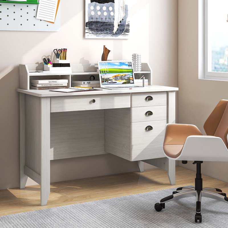 Computer Desk With 4 Storage Drawers And Hutch, 48in x 22in x 36.5in - Rustic Brown