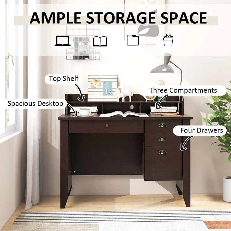Computer Desk With 4 Storage Drawers And Hutch, 48in x 22in x 36.5in - Rustic Brown