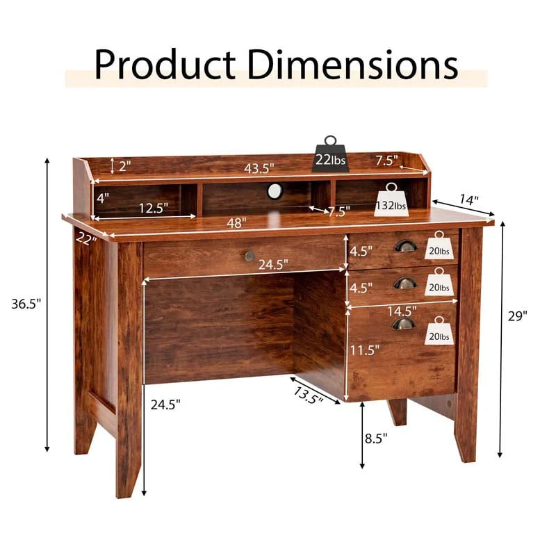 Computer Desk With 4 Storage Drawers And Hutch, 48in x 22in x 36.5in - Rustic Brown